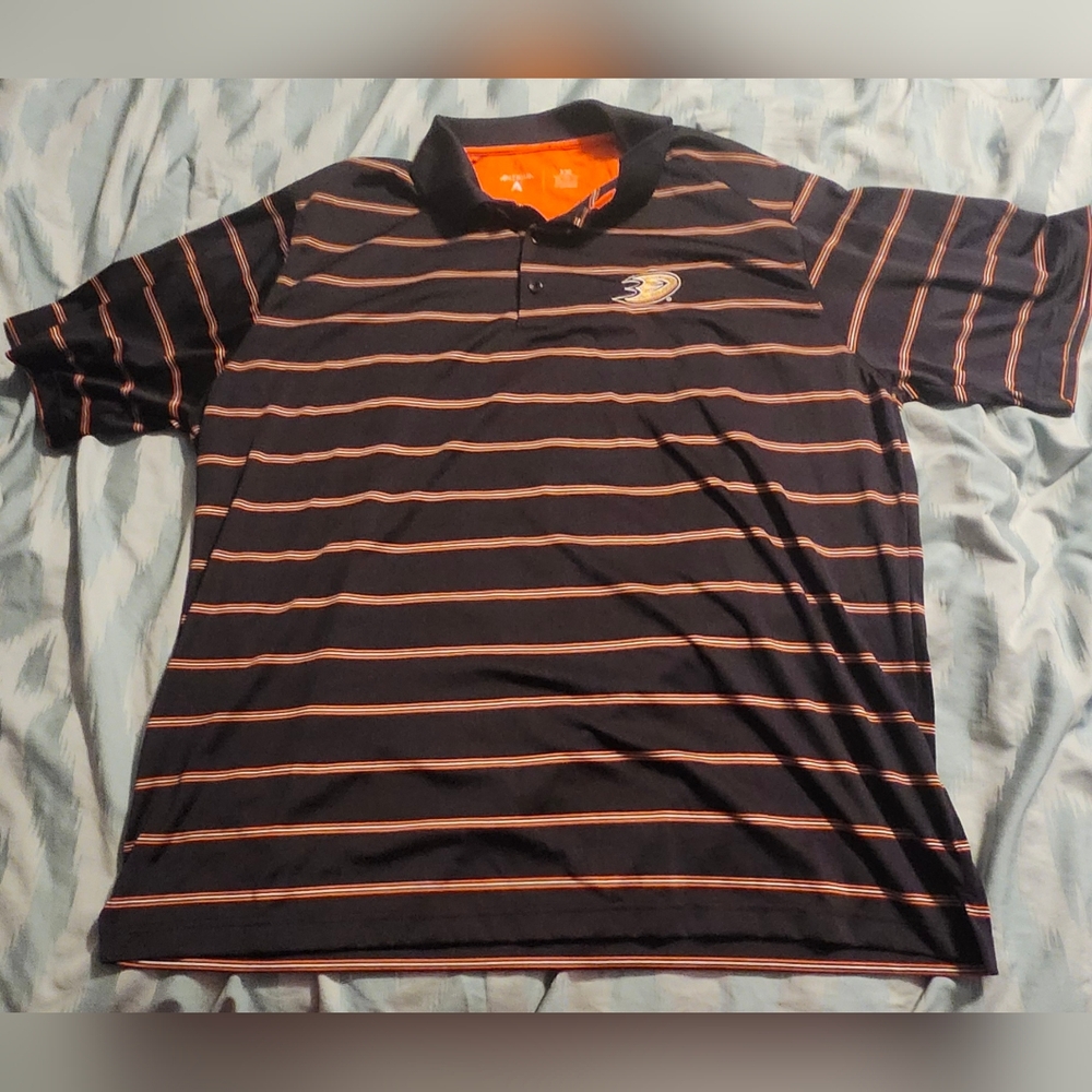 Anaheim Ducks‎ NHL Polo Shirt Mens Size 2XL Orange Striped Short Sleeves Antigua